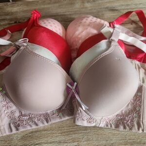 4pc Elegant Floral Embroidered Bra Set - Pink & Red